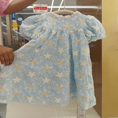 Light Blue Floral Eyelet Embroidered Puff-Sleeve Baby/Toddler Girl’s Dress
