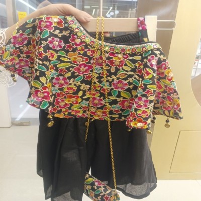 Black Multi-Color Floral Embroidered Kids Peplum Top with Skirt & Potli Bag