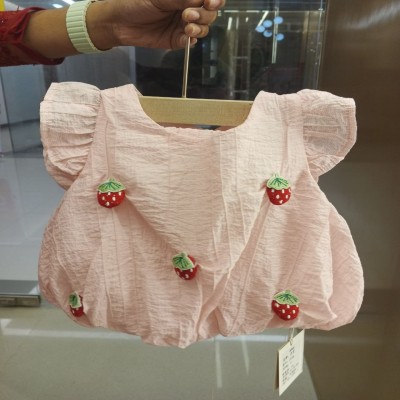 Baby Pink Strawberry Embellished Ruffled Bubble Top