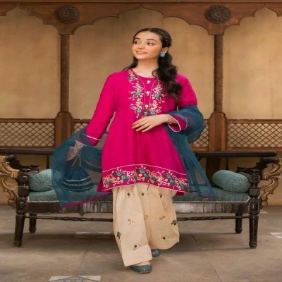 Teen Girls Pink Floral Embroidered Kurta  