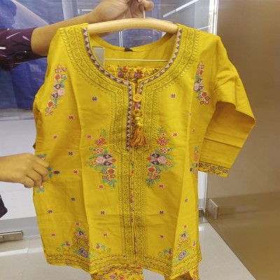 Bright Yellow Floral Embroidered Kids Kurti with Bottom