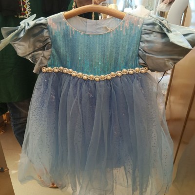 Girls Elegant Sky Blue Pearl Waist Party Dress