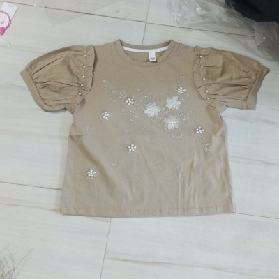 Beige Floral Embellished Short-Sleeve Top