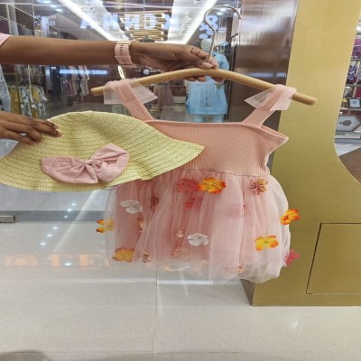 Peach Floral Appliqué Tulle Dress with Matching Straw