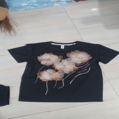 Black Short-Sleeve Top with 3D Organza Floral