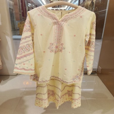 Pastel Yellow Embroidered Kurti Set with Lace