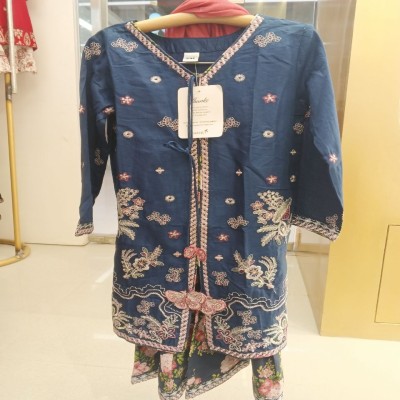 Navy Blue Floral Embroidered Open
