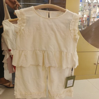 Girls’ Cream Eyelet Embroidery Peplum Top & Matching Pants Set