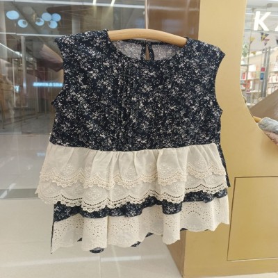 Girls Premium Navy Blue Floral Lace Layered Party Dress
